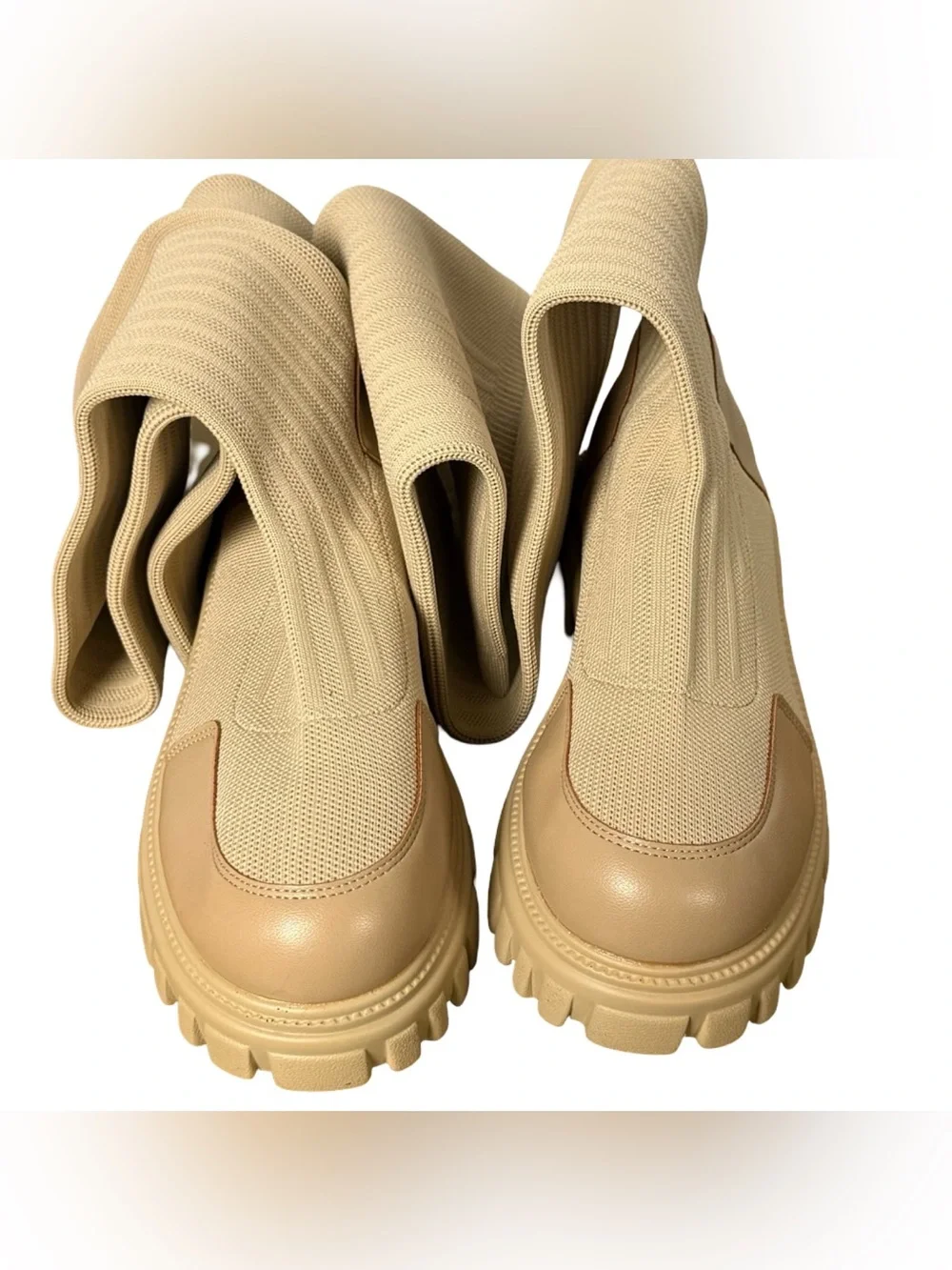 Cuccoo Ribbed Knit Thigh-High Lug Sock Boots Beige Size Women's 10